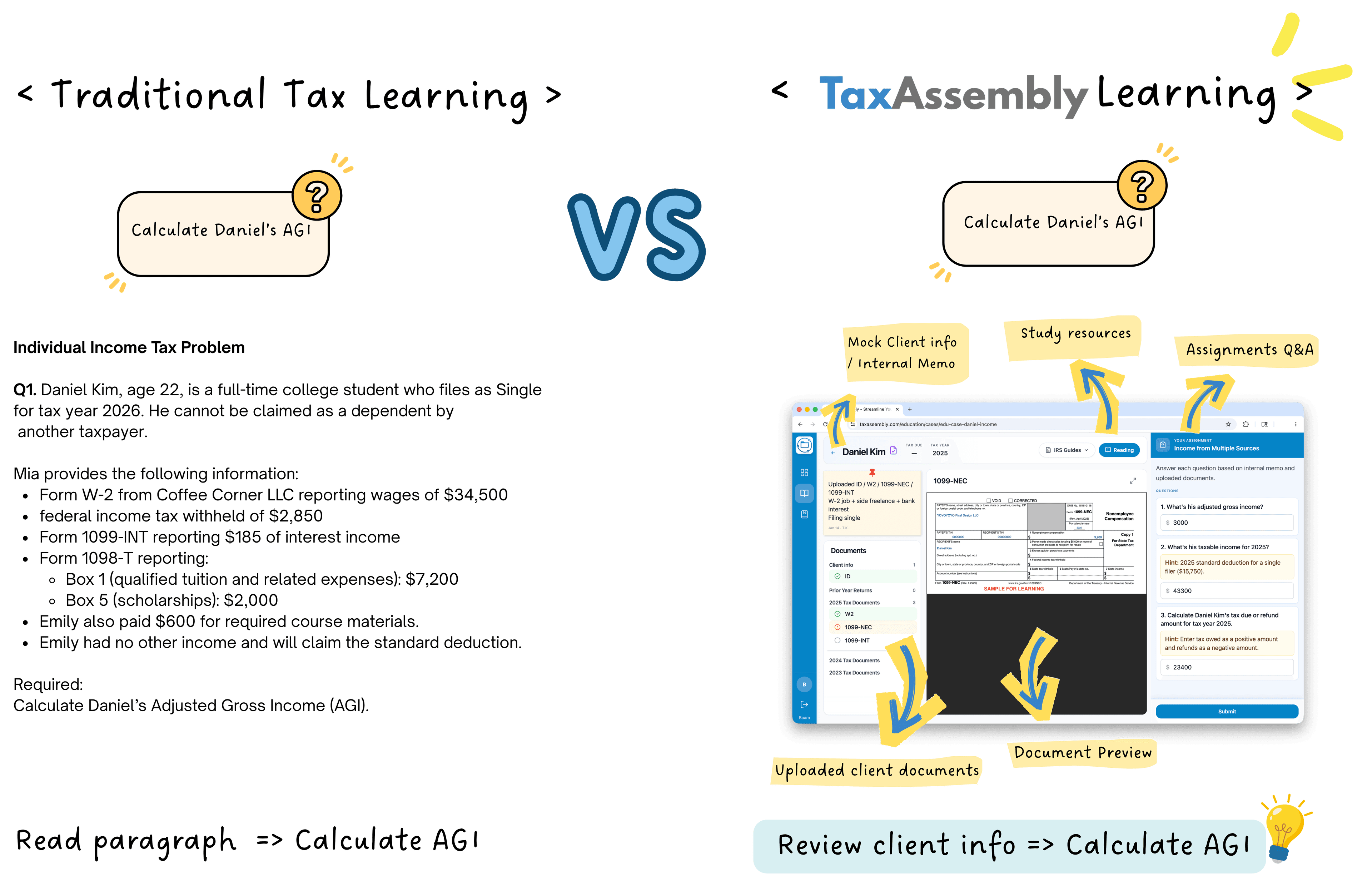 Traditional tax homework with all numbers in one paragraph versus Accounting Assembly where students review client documents and memos before answering