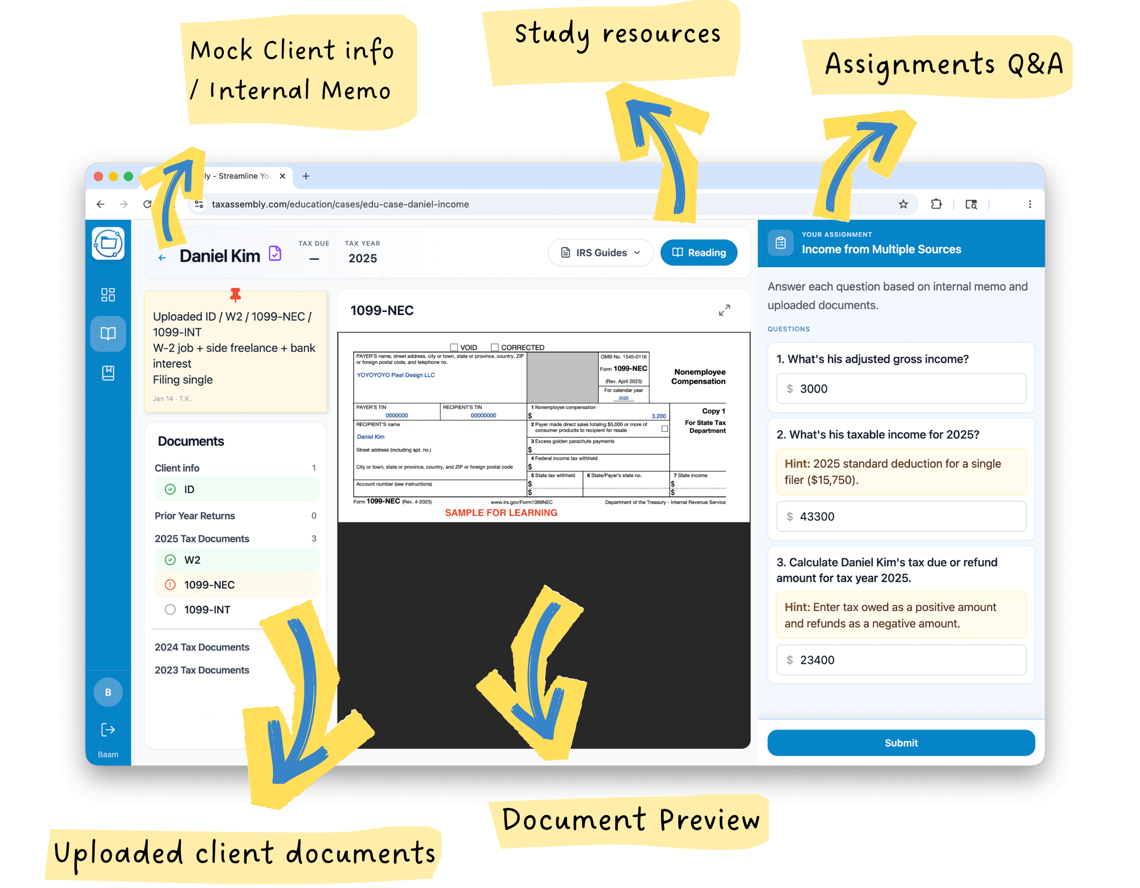 Accounting Assembly student case workspace with uploaded tax forms, client memo, and assignment questions